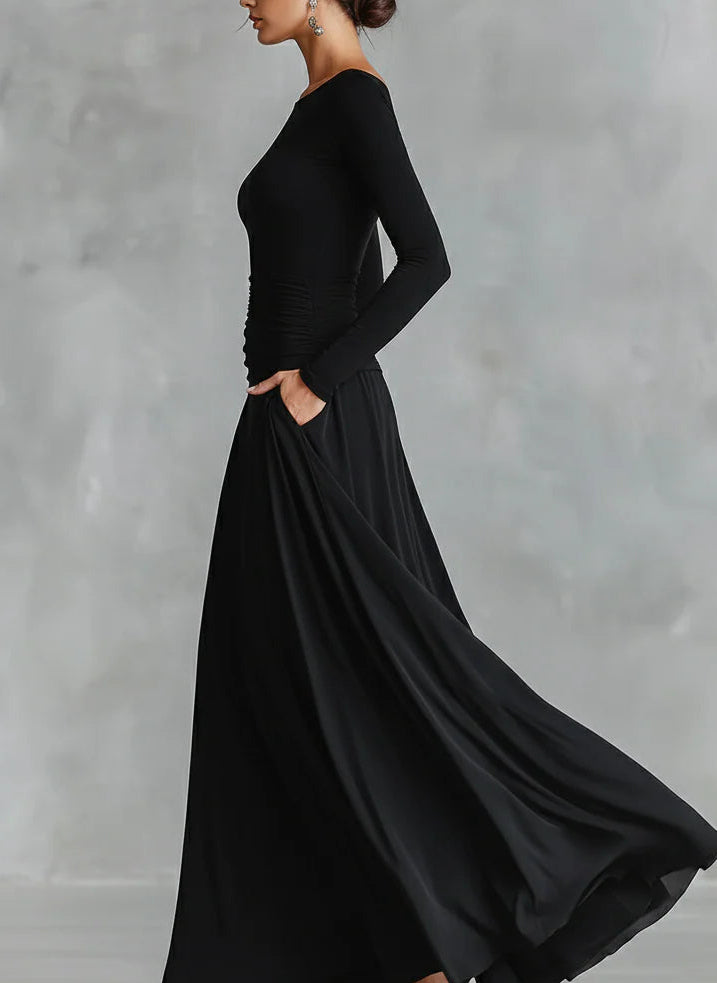 Adele – Elegant Black Crepe Maxi Dress