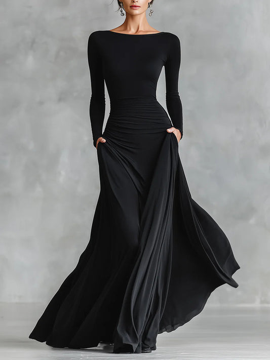 Adele – Elegant Black Crepe Maxi Dress
