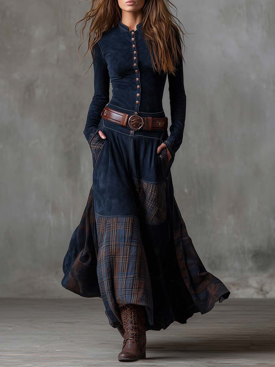 Keeva - Navy Suede Belted Maxi Dress