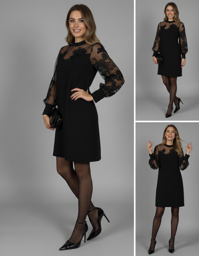 Keira - Sophisticated Black Dress Featuring Tulle Sleeves