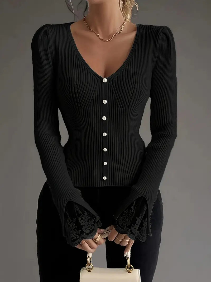 Isabella – V-Neck Knit Top with Ribbed Texture and Lace Sleeves