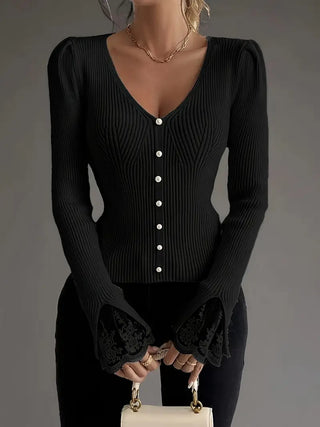 Isabella – V-Neck Knit Top with Ribbed Texture and Lace Sleeves