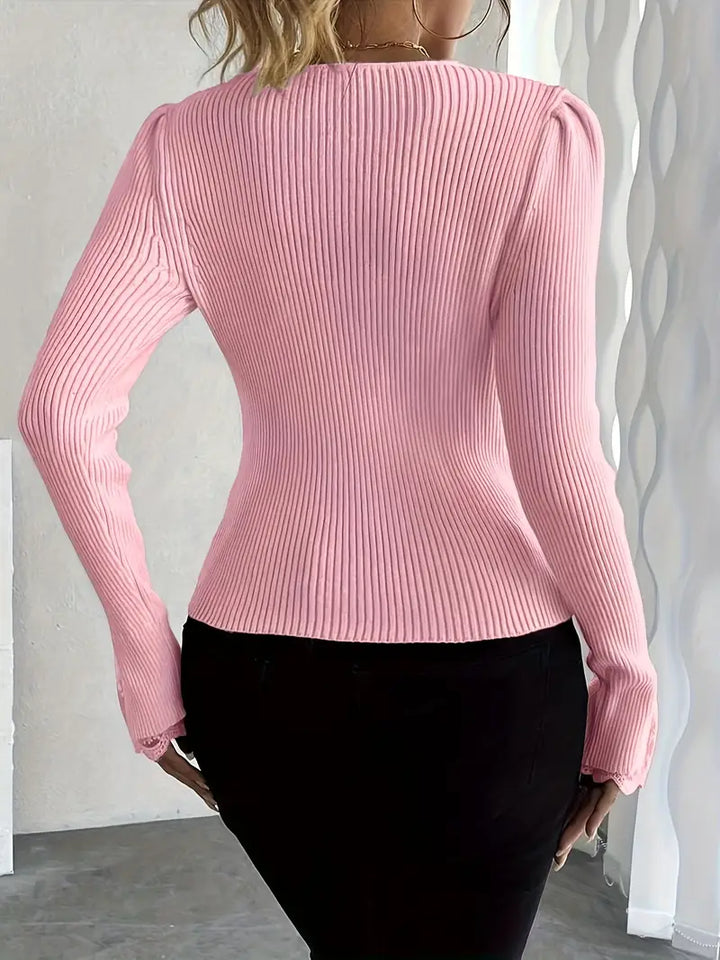 Isabella – V-Neck Knit Top with Ribbed Texture and Lace Sleeves