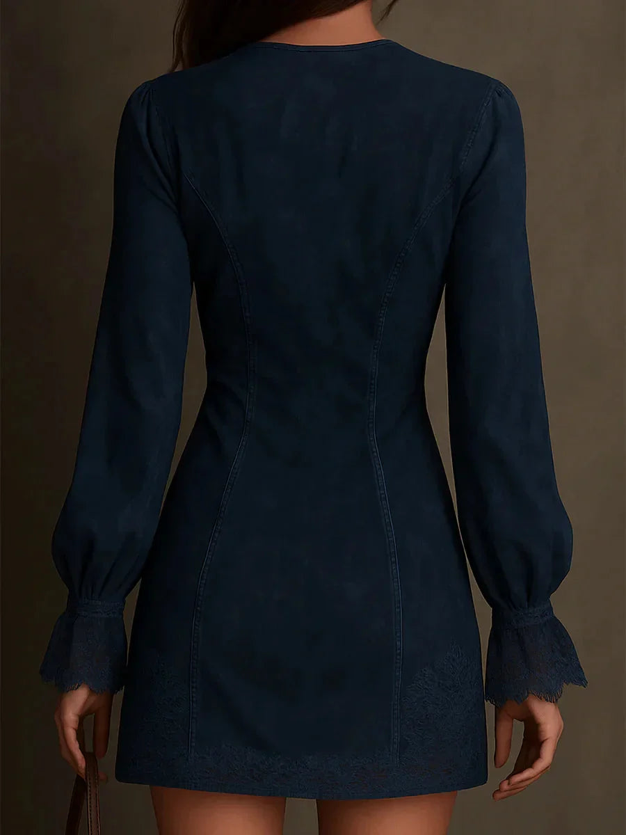 Rachel – Lace-Trimmed Blue Suede Mini Dress