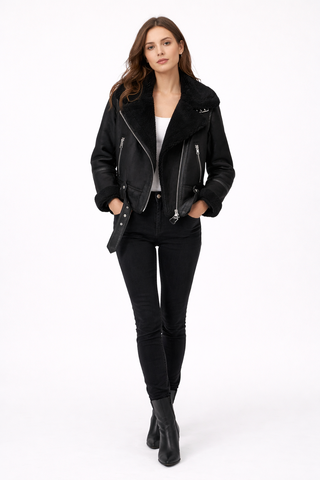 Caroline – Suede Aviator Jacket with Shearling Lining