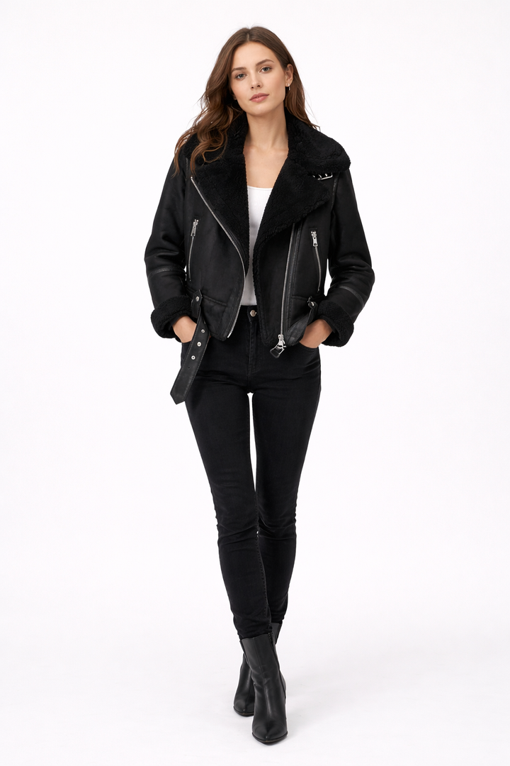 Caroline – Suede Aviator Jacket with Shearling Lining