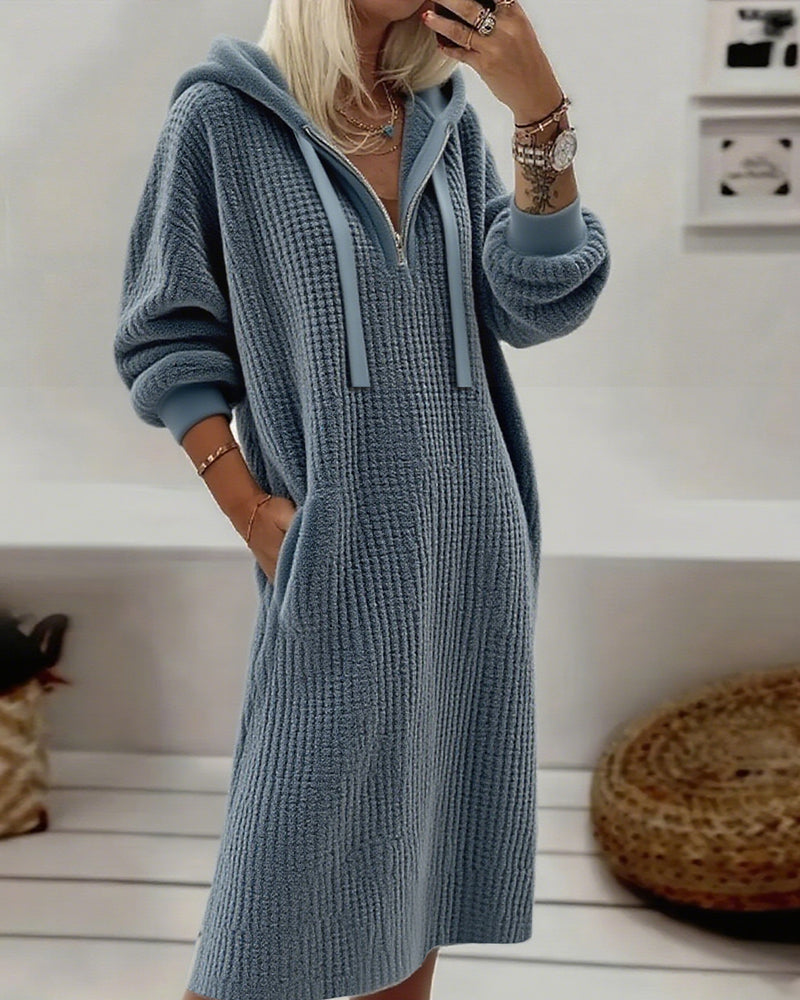 Georgina – Cozy Hooded Honeycomb Knit Fleece Dress