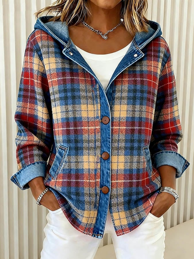 Briella – Hooded Denim Jacket with Contrast Check Design