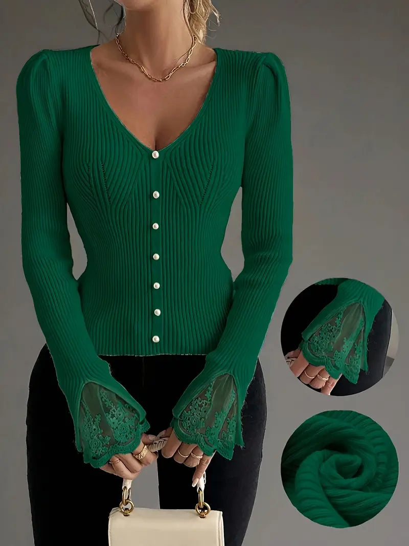 Isabella – V-Neck Knit Top with Ribbed Texture and Lace Sleeves