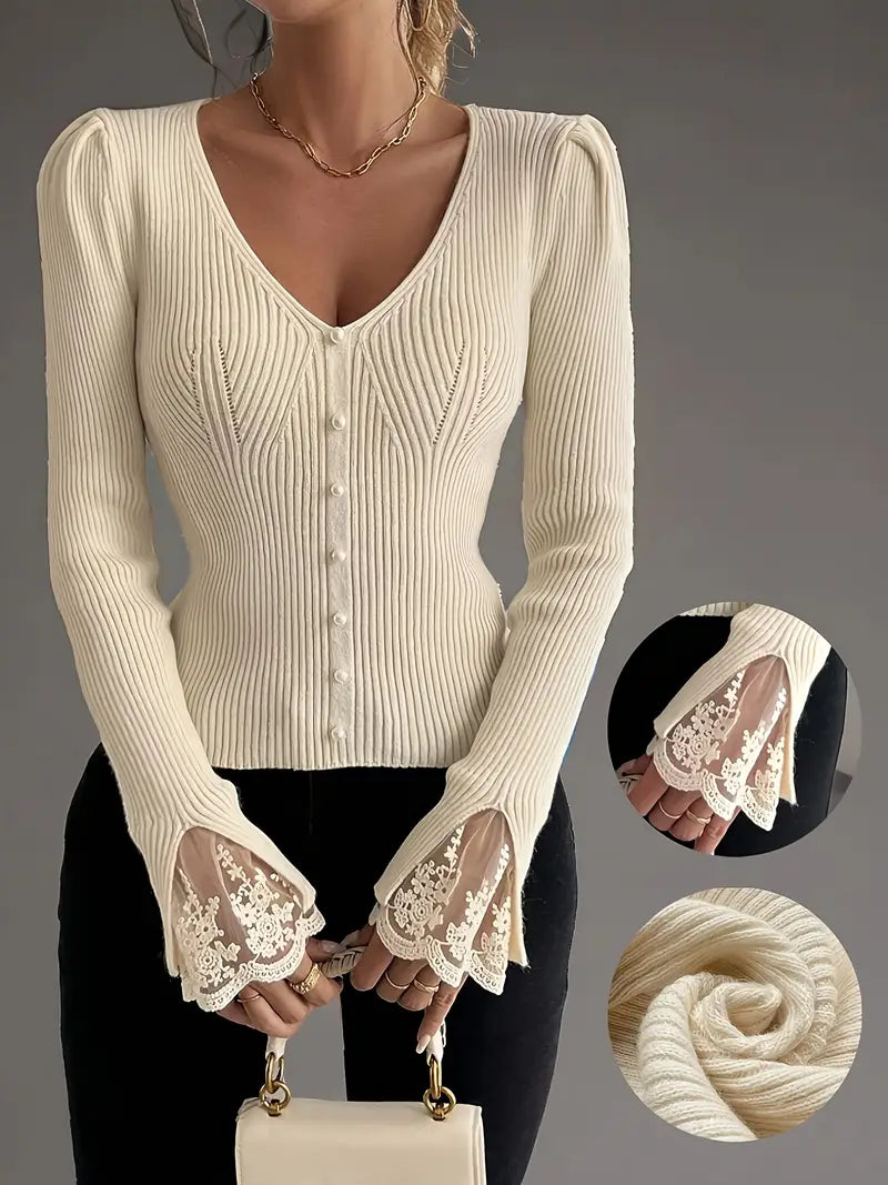 Isabella – V-Neck Knit Top with Ribbed Texture and Lace Sleeves