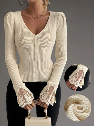 Isabella – V-Neck Knit Top with Ribbed Texture and Lace Sleeves