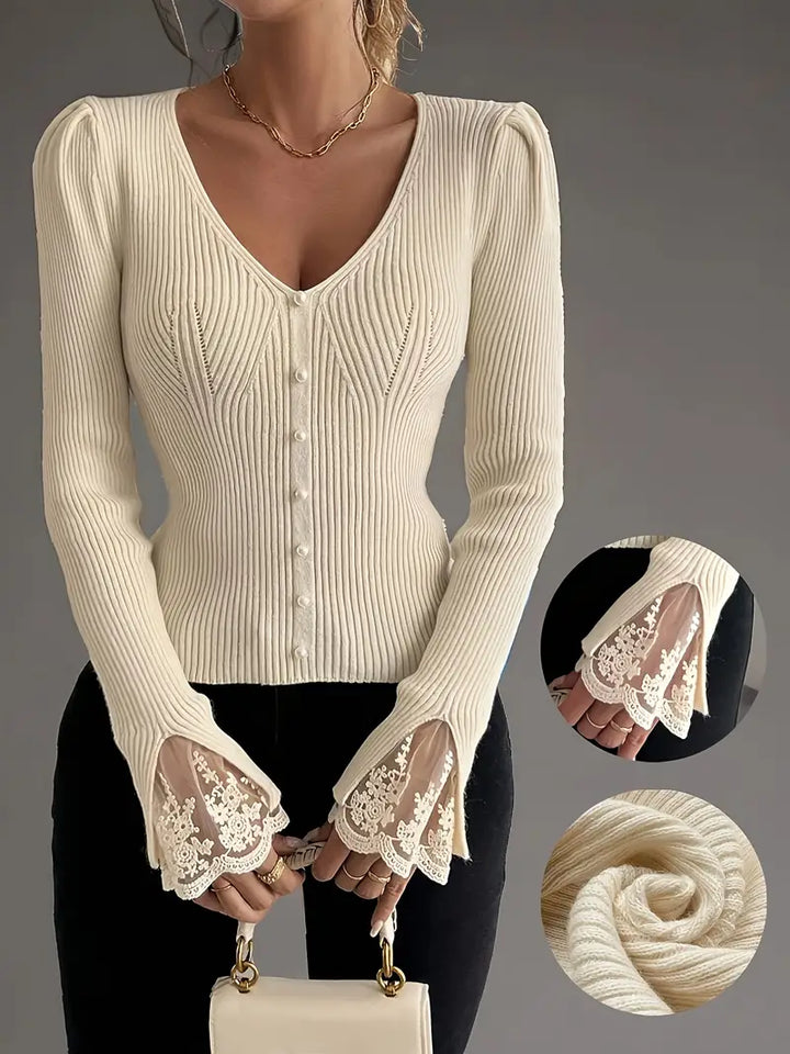 Isabella – V-Neck Knit Top with Ribbed Texture and Lace Sleeves