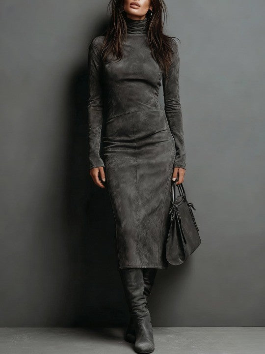 Sienna – High Neck Midi Suede Dress with Long Sleeves