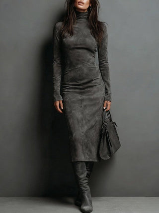 Sienna – High Neck Midi Suede Dress with Long Sleeves
